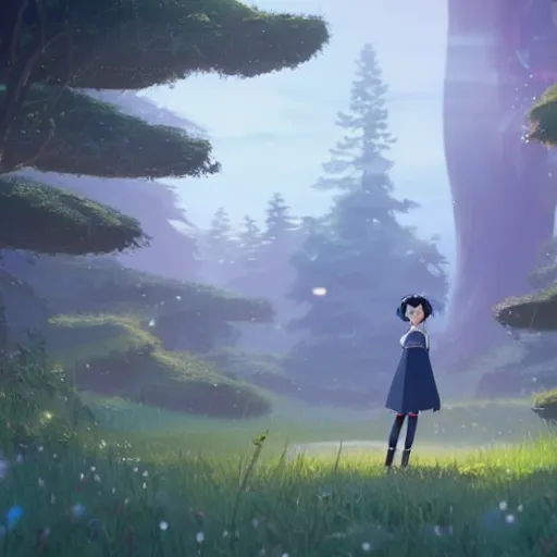 Image similar to a wholesome animation key shot of a dark blue haired girl with a raccoon tail, medium shot, studio ghibli, pixar and disney animation, sharp, rendered in unreal engine 5, anime key art by greg rutkowski, bloom, dramatic lighting