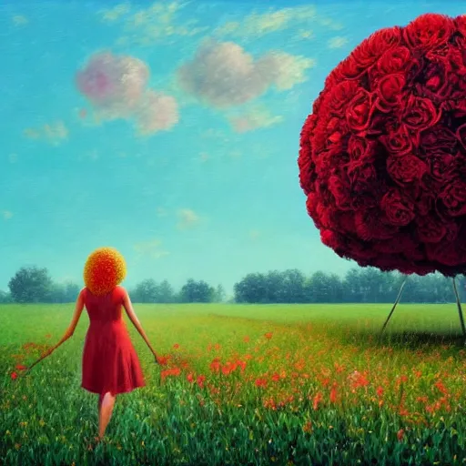 Image similar to giant red carnation afro, full body, girl walking in the middle of a field with flowers, surreal photography, hills, sunrise dramatic light, impressionist painting, colorful clouds, digital painting, pointillism, artstation, simon stalenhag