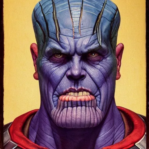 Prompt: frontal portrait of a scary thanos. a portrait by norman rockwell.