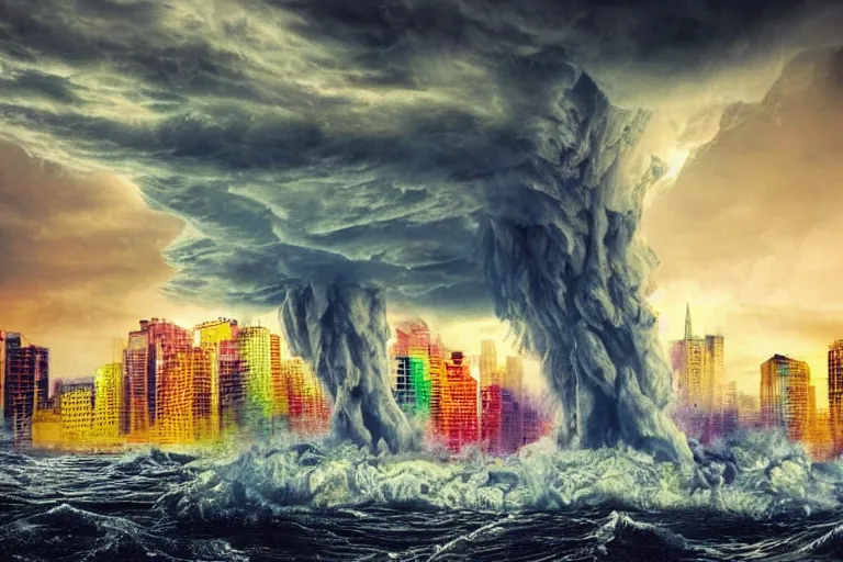 Prompt: destructive water tornado in the city, photorealistic, highly detailed, sharp focus, vivid, colorful, symmetrical, random, convoluted, mind - blowing, creative, fully functional, end of the world