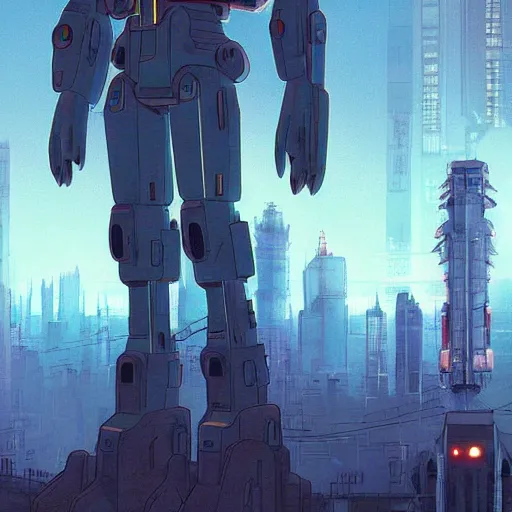 Image similar to Iron Giant in future japan at night, concept art, fine details, studio ghibli, cinematic lighting, ghost-in-the-shell, cyberpunk,sci-fi, fantasy, intricate, elegant, highly detailed, digital painting, trending on artstation, concept art, smooth, sharp focus, illustration, by james gurney and greg rutkowski