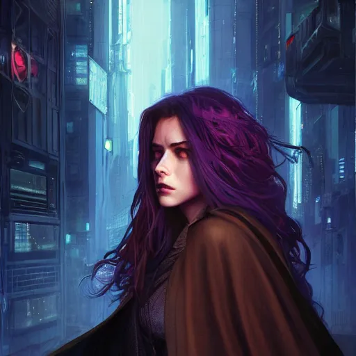 Prompt: cinematic side portrait woman, cyberpunk outfit large cloak, landscape, neon light in the hair, supervillain, undercut hairstyle, dark light night, intricate, elegant, sharp focus, illustration, highly detailed, digital painting, concept art, matte, art by wlop and artgerm and greg rutkowski and alphonse mucha, masterpiece