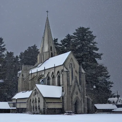 Image similar to a cathedral on a snowy plain with icicles forming on the roof. there is snow falling down from the sky which is overcast.