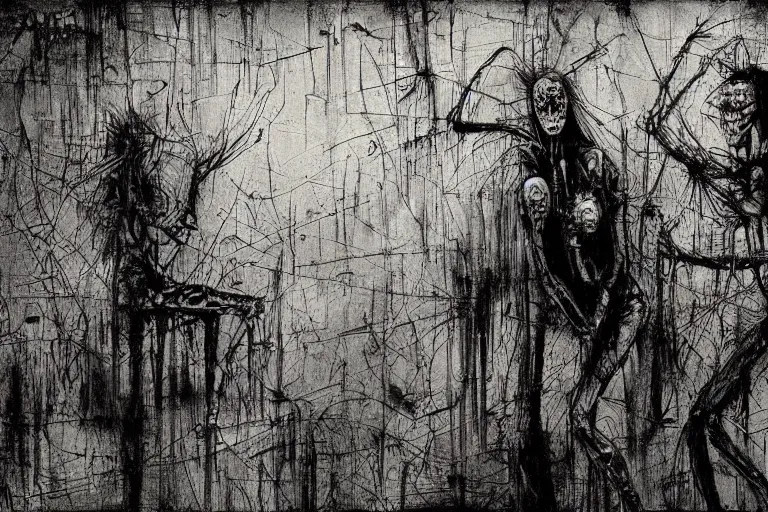 Image similar to horror painting of Missing 411 anomaly by ben templesmith