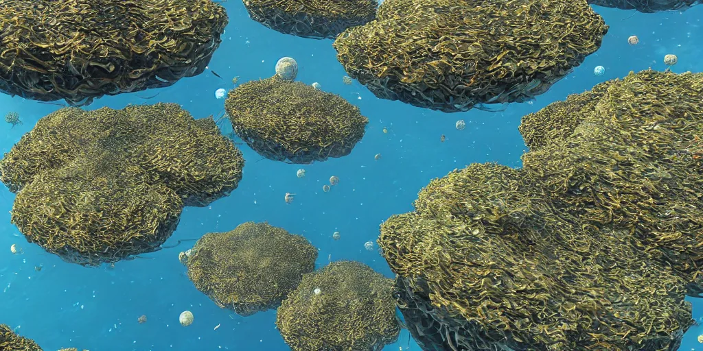 Image similar to clusters of housecrafts floating on a beautiful ocean, aquaculture seaweed farms, view from a boat, fusion of subnautica and star trek, by noriyoshi ohrai, beautifully detailed 4 k octane render, 4 k post processing