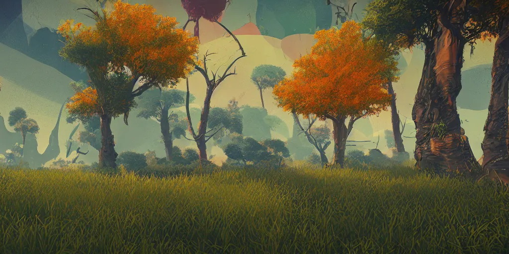 Image similar to abstract 3d landscape painting with vegetation and trees at noon by james jean and painted in no mans sky style, redshift, octane