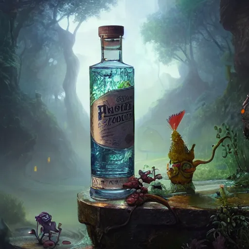 Image similar to A bottle of Gin, filled with tiny creatures, garden, summer, 8k resolution matte fantasy painting, cinematic lighting, DeviantArt, Artstation, Jason Felix Steve Argyle Tyler Jacobson Peter Mohrbacher