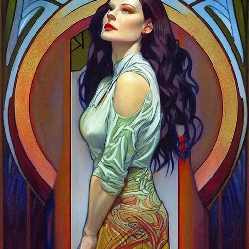 Image similar to a streamline moderne painting in the style of donato giancola, and in the style of charlie bowater, and in the style of alphonse mucha. symmetry, smooth, sharp focus, semi - realism, intricate detail.