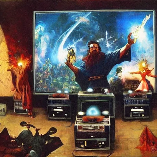 Prompt: wizard surrounded by crt televisions, oil on canvas, frank frazetta, john williams