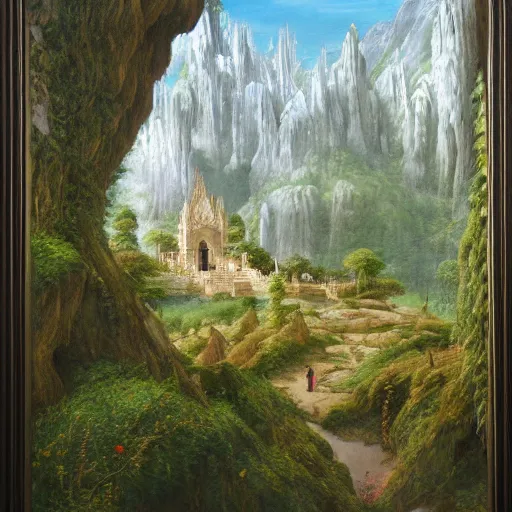 Image similar to A beautiful and highly detailed oil painting of an elven temple in the mountains, detailed trees and cliffs, intricate details, rivendell, 8k, sharp focus, hyper realism, by Caspar Friedrich,