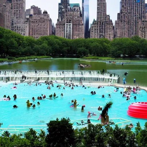 Image similar to photo of a large water park inside of central park. the new york city skyline is shown in the background.