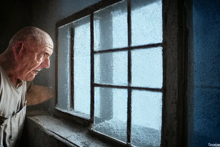 Prompt: a cinematic painting of an old male prisoner inside of jail cell looking out of a small frosted window, beautiful lighting, high depth, ultra realistic, artistic, by annie leibovitz, by gregory crewdson, blue color theme