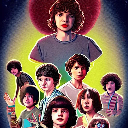 Image similar to Finn WolfHard with Stranger Things in comic style, hq, 4k