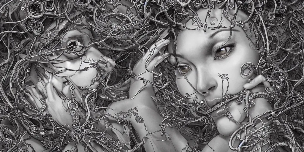 Prompt: hyperrealistic photography of a highly detailed and symmetrical gorgeous black female demigorgon deconstructing a poetry machine in the style of Jin Kagetsu, James Jean and wlop, highly detailed, face symmetry, masterpiece, award-winning, sharp focus, intricate concept art, ambient lighting, 8k, artstation