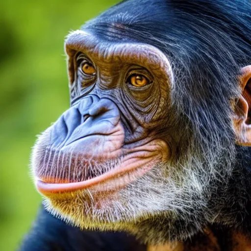 Image similar to a high detail shot of a chimp wearing a suit and smoking