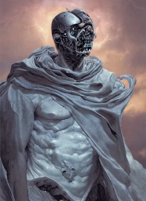 Image similar to portrait of a diabolical marble stone cyborg, wearing torn white cape, dynamic pose, thunder, glowing eyes, post apocalyptic ancient ruins, glowing veins subsurface scattering, in clouds, sunset, portrait, by gerald brom, by mikhail vrubel, by peter elson, muted colors, extreme detail, trending on artstation, 8 k