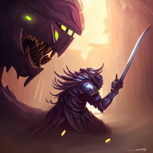 Image similar to magical knight fighting a monster, highly detailed, wlop style, artstation, soft light, sharp focus, illustration