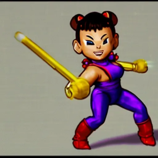 Image similar to chun li stomping a goomba with a pogo stick.