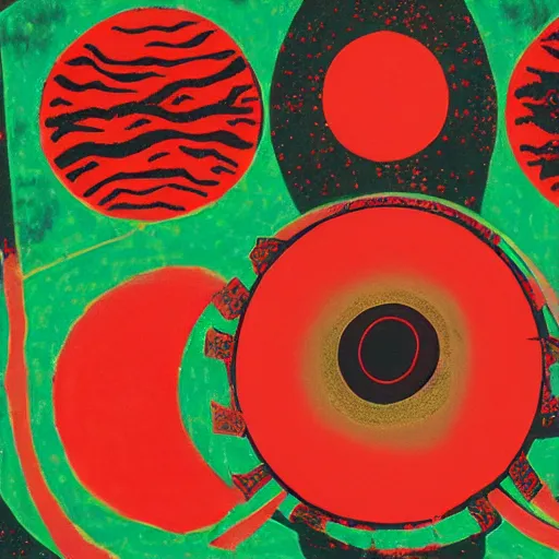 Image similar to an abstract space of symbols and a pair of acid red and black sun in a green sea