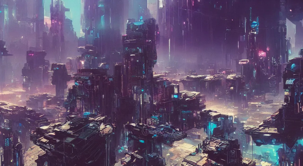 Prompt: a beautiful painting of A cyberpunk city on the plains of the outer planets,80s sci-fi,4k,by John Harris