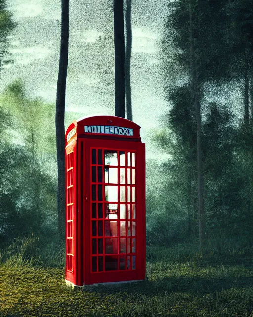 Prompt: bill and ted phone booth in the woods, hyper realism, cinematic, volumetric lighting, octane render, unreal engine, 8 k, concept art, digital art, deviantart artstation,