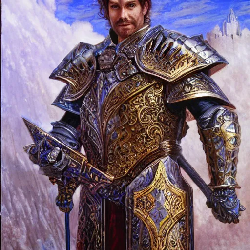 Prompt: Fantasy style portrait of a male paladin, castle setting, intricate, elegant, highly detailed, matte, sharp focus, illustration, art by Donato Giancola and Bayard Wu, gustav moreau, goward, wayne barlowe