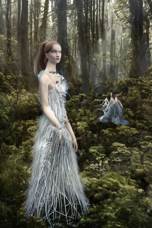 Image similar to a beautiful hyperrealistic ultradetailed 3D, one girl in a magnificent McQueen couture dress on the background of a futuristic forest, Designer clothes, futuristic clothes, clothes from the future, biopunk, voge photo, fashion style, fullbody, in full growth, photorealistic, high resolution, trending on artstation, highly detailed, volumetric lighting, elegant, details, good clear quality, volumetric lighting,
