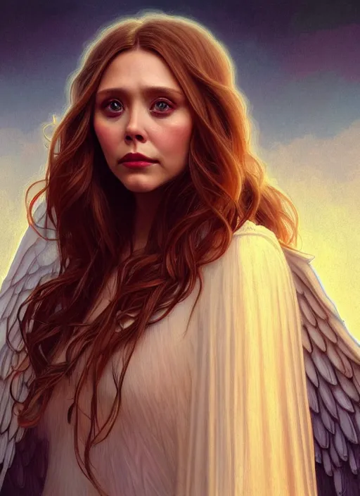 Image similar to portrait of elizabeth olsen as a angel, wings, bible, intricate, headshot, highly detailed, digital painting, artstation, concept art, sharp focus, cinematic lighting, illustration, art by artgerm and greg rutkowski, alphonse mucha, cgsociety