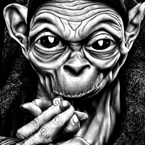 Prompt: Gollum on snowboard with cigarette in mouth, ultra realistic, 8k , beautiful eyes, high detailed
