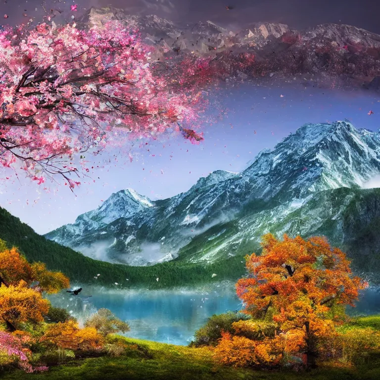 Image similar to a beautiful awesome artistic tree with falling flowers like leaves and many birds, all in the amazing outdoors view, mountain in the background, lake, long exposure, 8 k resolution, trending on artstation