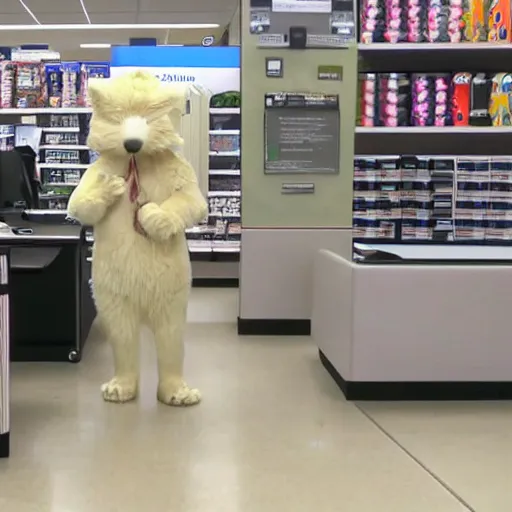 Image similar to a furry standing in office max with the lights off, security cam footage