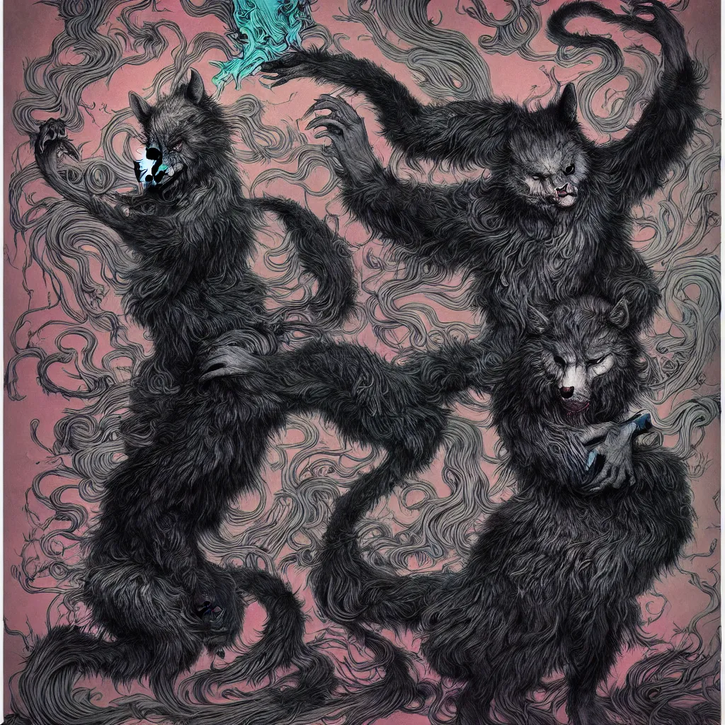 Image similar to monster of fur and black oil by james jean, photoillustration, mystical baroque, pastel synthwave