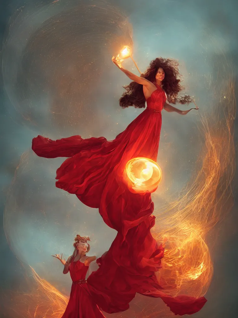 Image similar to A woman floats in midair, encircled by a ring of fire. She wears a crimson gown and her hair is wild and flowing. In her hands she holds a staff adorned with a large crystal ball, super coherent, trending on artstation, single subject, female, magic, by Lulu Chen and Mandy Jurgens