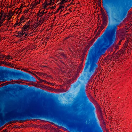 Image similar to a picture of planet earth with red lava rivers all over the surface, circular planet, taken from orbit, dark blue planet, red narrow lava rivers, astronomical imaging