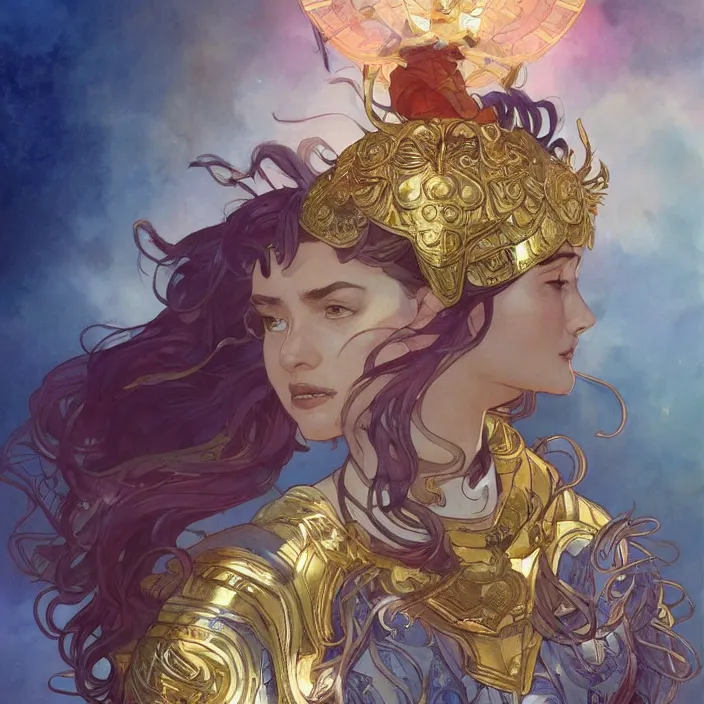 Image similar to gatot kaca as super heroes, closed up portrait,, highly detailed, gold filigree, romantic storybook fantasy, soft cinematic lighting, award, disney concept art watercolor illustration by mandy jurgens and alphonse mucha and alena aenami, pastel color palette, featured on artstation