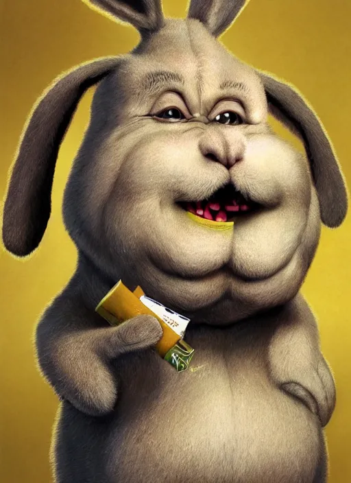 Image similar to hyper realistic, portrait of a derpy mr. bean big chungus, with bunny rabbit ears, very fuzzy, furry, smoking weed, big smile, buck teeth, bright balanced lighting, by greg rutkowski, scott m fischer, artgerm, loish, slight glow, atmospheric, anne stokes, alexandros pyromallis, 4 k, 8 k