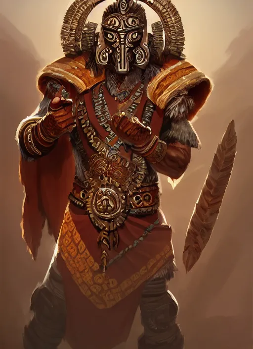 Image similar to a highly detailed illustration of tribal masked aztec warrior wearing brown robe, heroic fist pose, intricate, elegant, highly detailed, centered, digital painting, artstation, concept art, smooth, sharp focus, league of legends concept art, wlop.