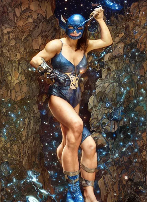 Prompt: epic muscled Mila Kunis as Catwoman walking out of a deep dark cave, puffy warm wooly clothing,stormy snowy winter, blue fireflies, nebula background, torches, fantasy, intricate, elegant, highly detailed, tasteful art by artgerm and donato giancola and alphonse mucha, WLOP