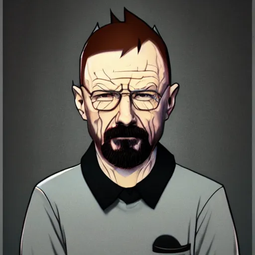 Prompt: Walter White anime portrait, mattepainting concept pixar maya engine on stylized background splash comics global illumination lighting artstation lois van baarle, ilya kuvshinov, rossdraws