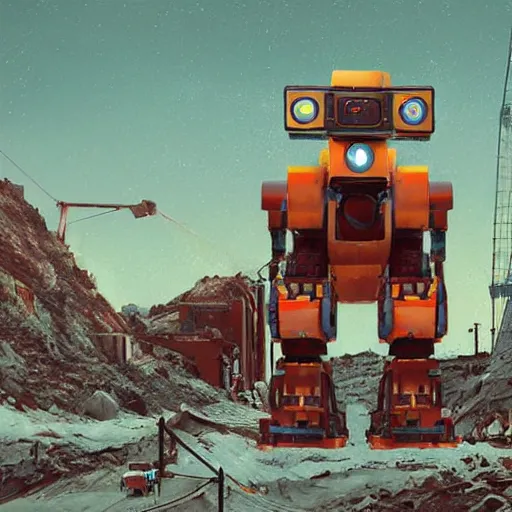 Prompt: giant quadrupedal mining robot, four legs, highly detailed body, industrial robot, photorealistic camera shot, in the style of simon stalenhag