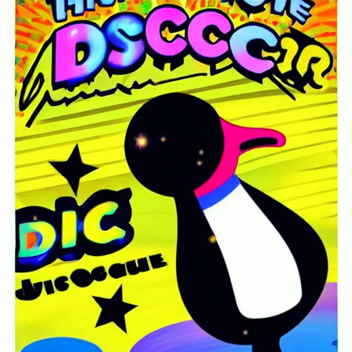 Prompt: the disco duck returns concert poster featuring the disco duck in his sparkling disco clothes.