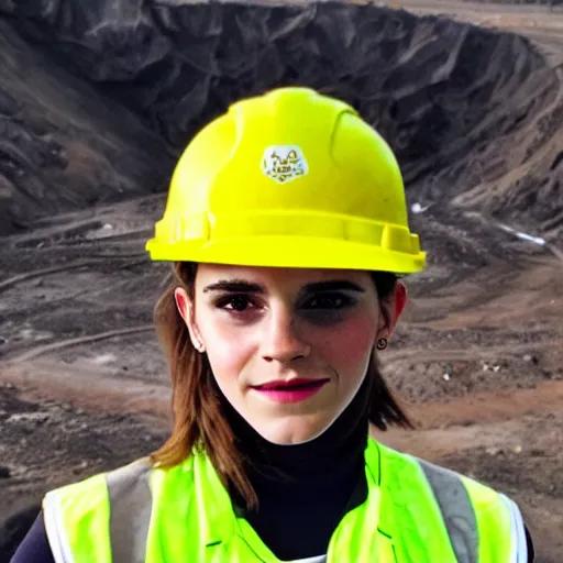 Prompt: photo, close up, emma watson in a hi vis vest, in dusty open pit mine, android cameraphone, 2 6 mm,