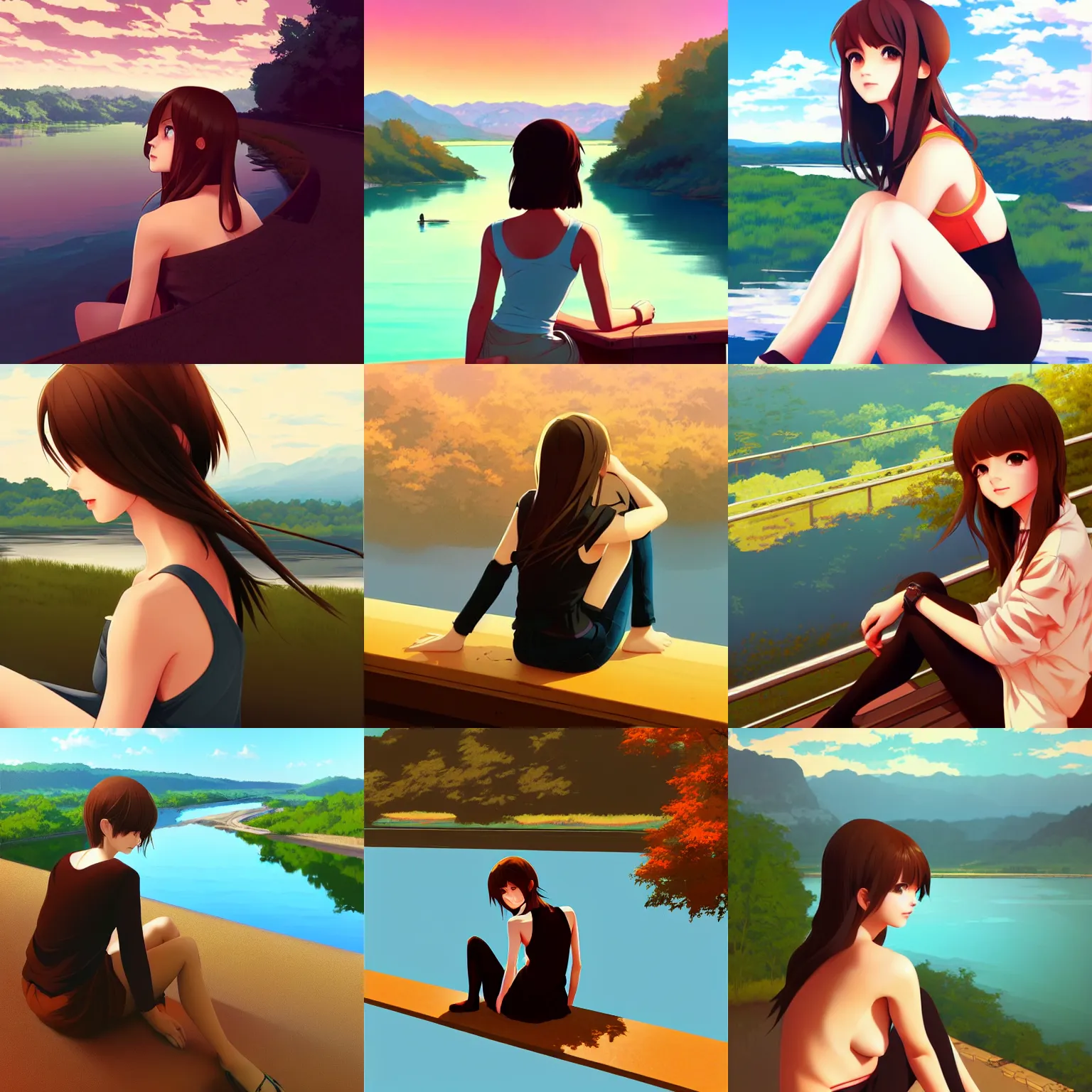 Prompt: girl with brown hair, sitting, scenic view of river, in the style of ilya kuvshinov, high definition anime art, gorgeous, sexy, hot