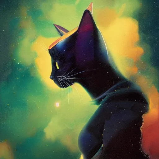 Image similar to a half robot cat wearing a hat medium shot, asymmetrical, profile picture, organic painting, nebula, matte painting, bold shapes, hard edges, street art, trending on artstation, by huang guangjian and gil elvgren and sachin teng