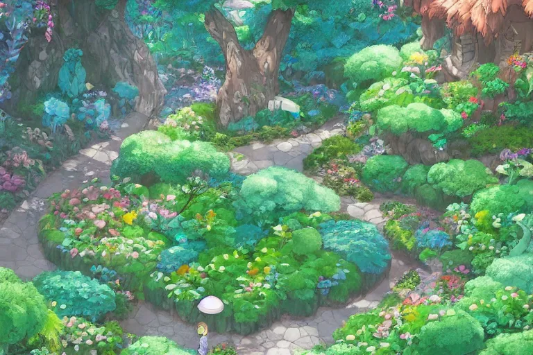 Image similar to magical garden. 4 k digital paint by studio ghibli hayao miyazaki. very sharp and detailed. trending on artstation and behance.