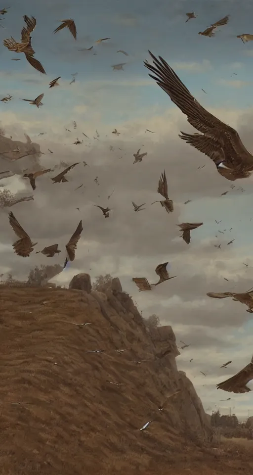 Prompt: birds in the sky, from the game pathologic 2, highly detailed, sharp focus, matte painting, by isaac levitan and asher brown durand,