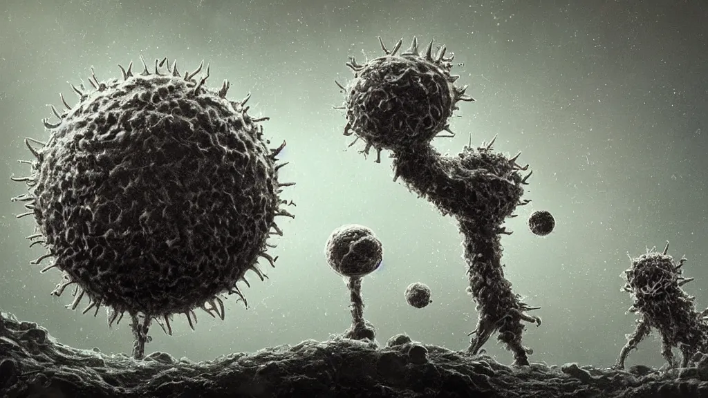 Image similar to a beautiful microscopic scientific photo of a coronavirus and a strange life form seen through an electron microscope, dark, sinister, detailed, art by Greg Rutkowski