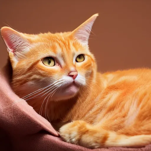 Image similar to a lazy and cute orange tabby cat cuddling studio lighting