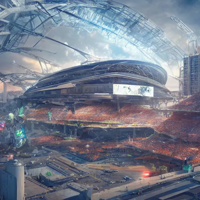 Image similar to a futuristic stadium with a giant artstation mecha, the stadium has a full crowd, unreal engine, hyper realism, realistic shading, cinematic composition, realistic render, octane render, wide shot