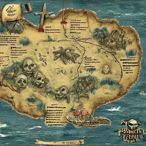 Image similar to old torn treasure map showing the treasure of skull island, pirates treasure map, high detail, high res, hyperrealistic,